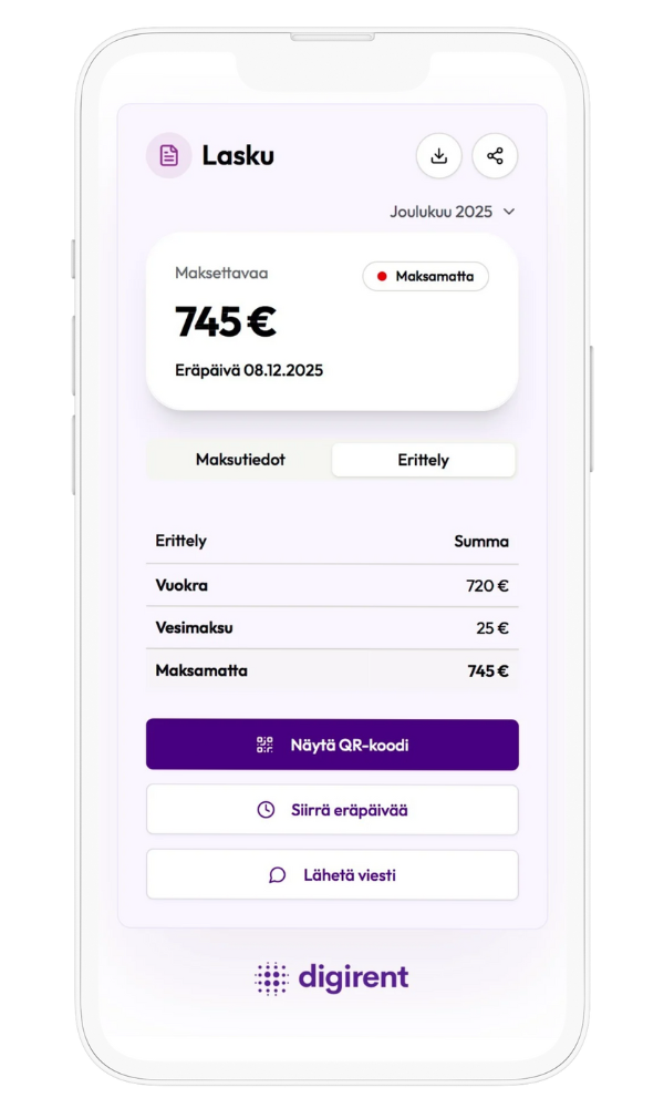 Digirent sovellusnäkymä